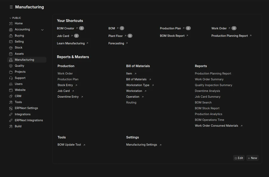 ERPNext manufacturing dashboard, dark mode